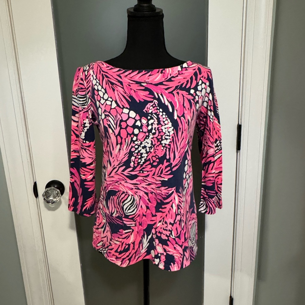 Lilly Pulitzer Pink and Navy Patterned Blouse